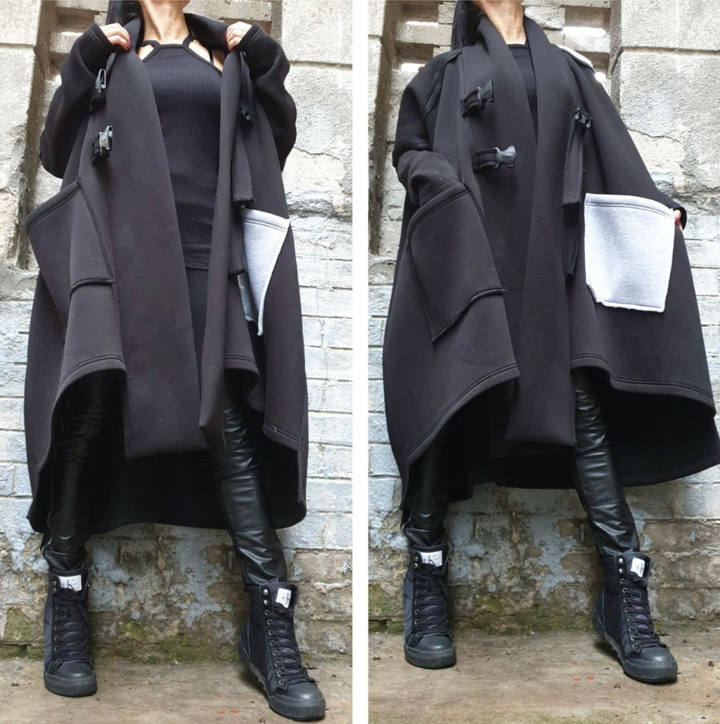 Black and Gray Asymmetric Coat with Oversized Pockets