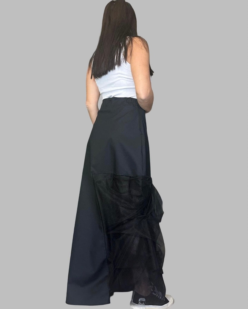 Black High Waist Asymmetric Maxi Skirt with Tulle Detail