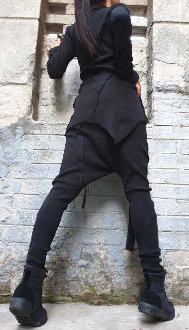 Black Asymmetric Cotton Rib Set with Harem Pants