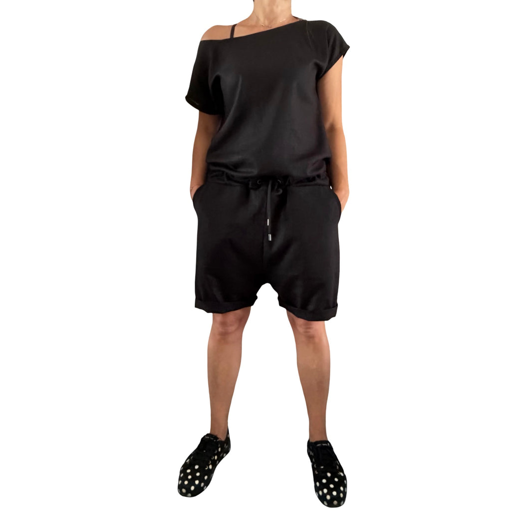 Black Linen Asymmetrical Short Jumpsuit with Open Back
