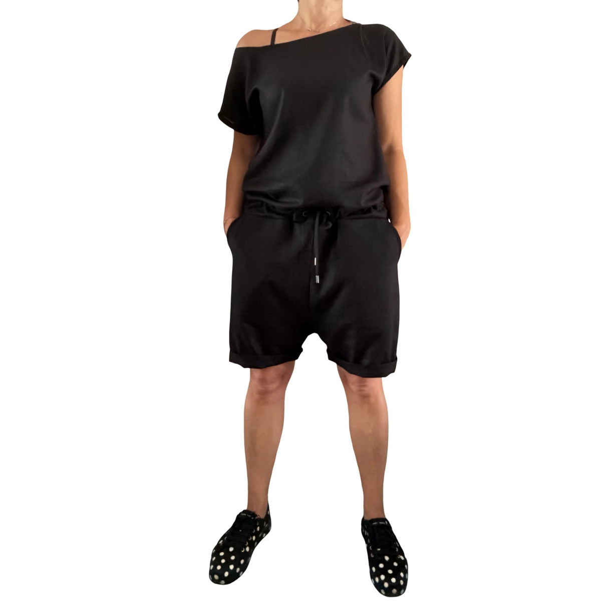 Black Linen Asymmetrical Short Jumpsuit with Open Back