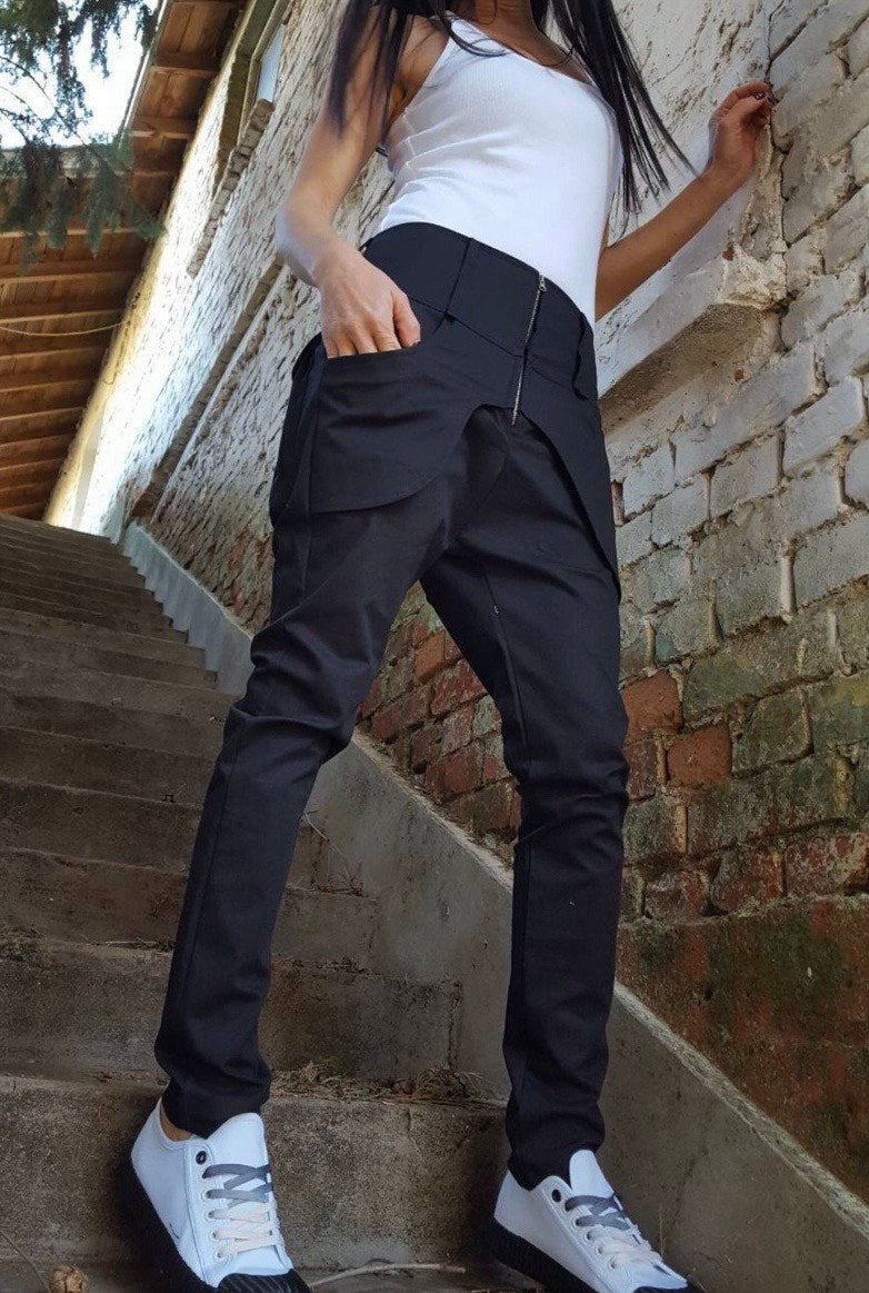 Black Asymmetric Cotton Pants with Front Zipper , Designer Urban Trousers