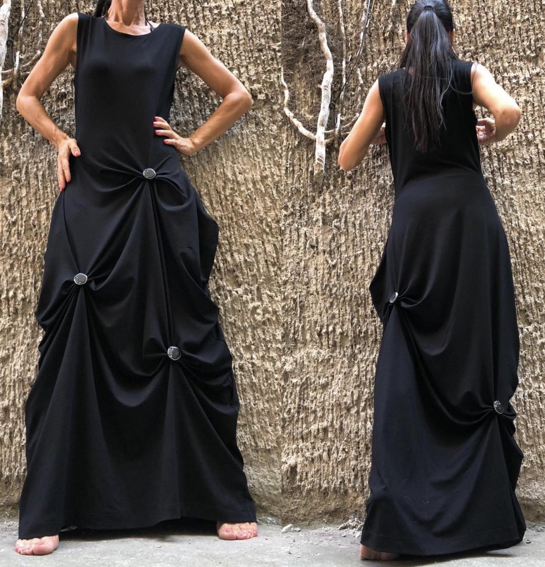Black Asymmetric Sleeveless Cotton Dress with Button Draping