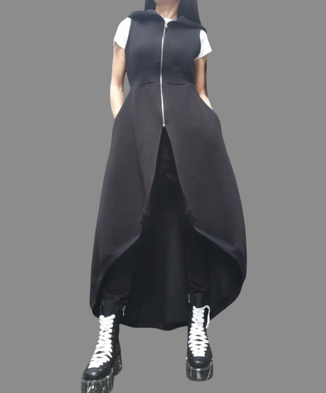 Black Asymmetric Hooded Sleeveless Vest with Zipper Closure