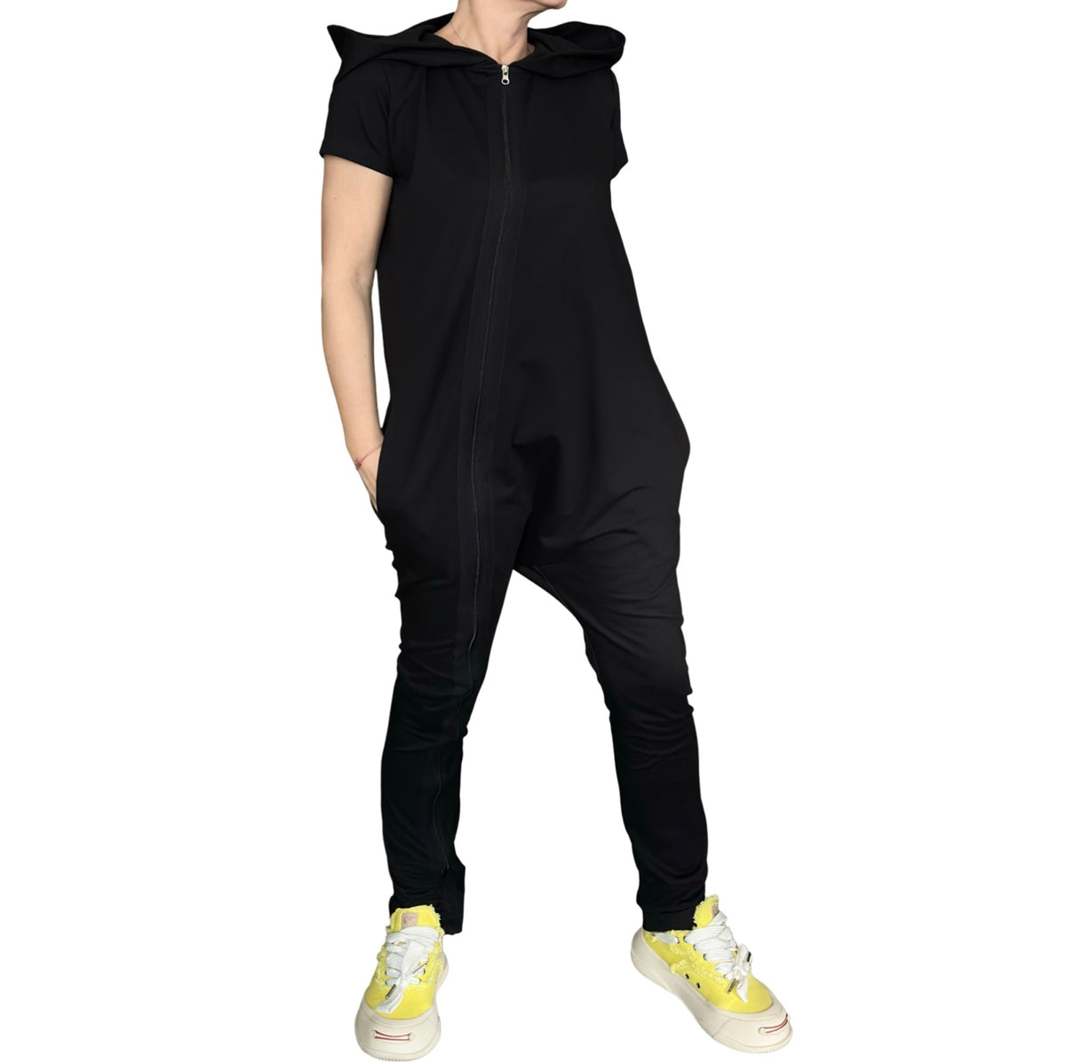 Black Hooded Harem Jumpsuit / Cotton Stretch Zip Front Romper with Pockets