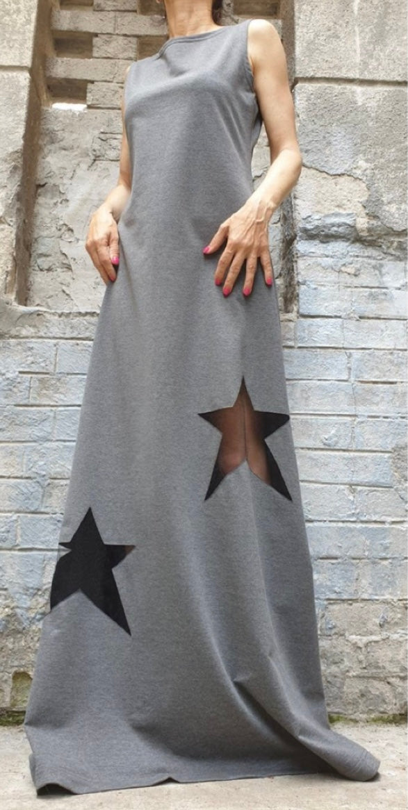Gray Sleeveless Maxi Dress with Hand-Cut Star Details