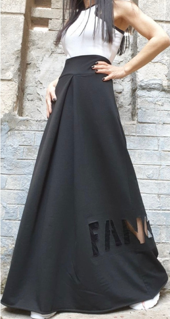 Black High Waist Maxi Skirt with Hand-Cut Fancy Detail