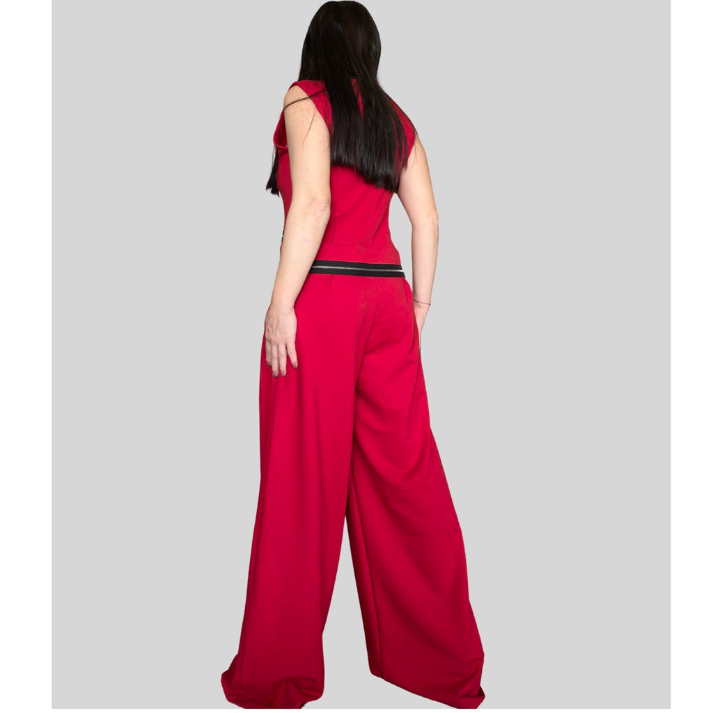 Red Sleeveless Cotton Jumpsuit with Decorative Zippers / Avant-Garde Wide Leg One Piece