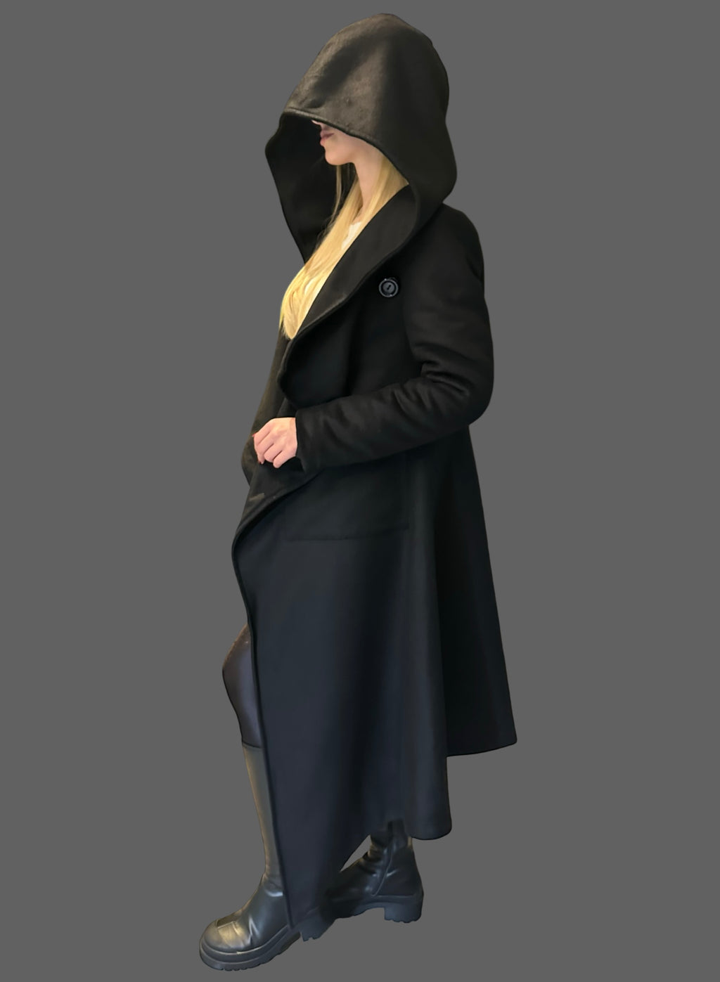Asymmetric Black Hooded Coat – Avant-Garde Long Fleece Jacket