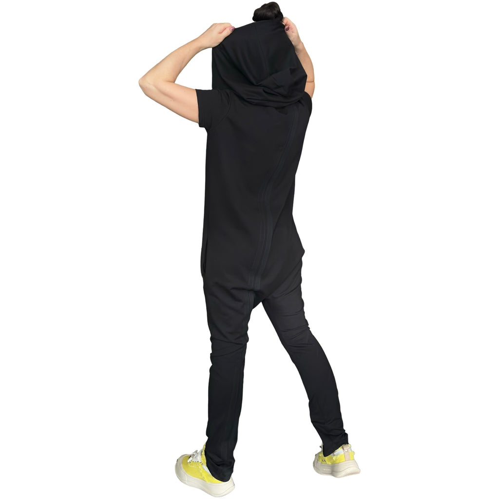Black Hooded Harem Jumpsuit / Cotton Stretch Zip Front Romper with Pockets