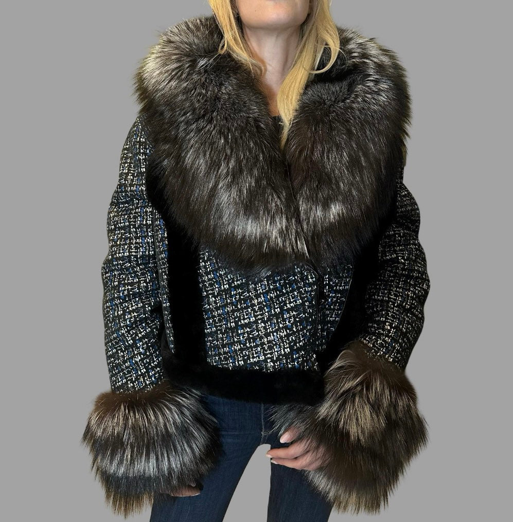 Short Lambskin Coat with Fox Fur Collar and Cuffs