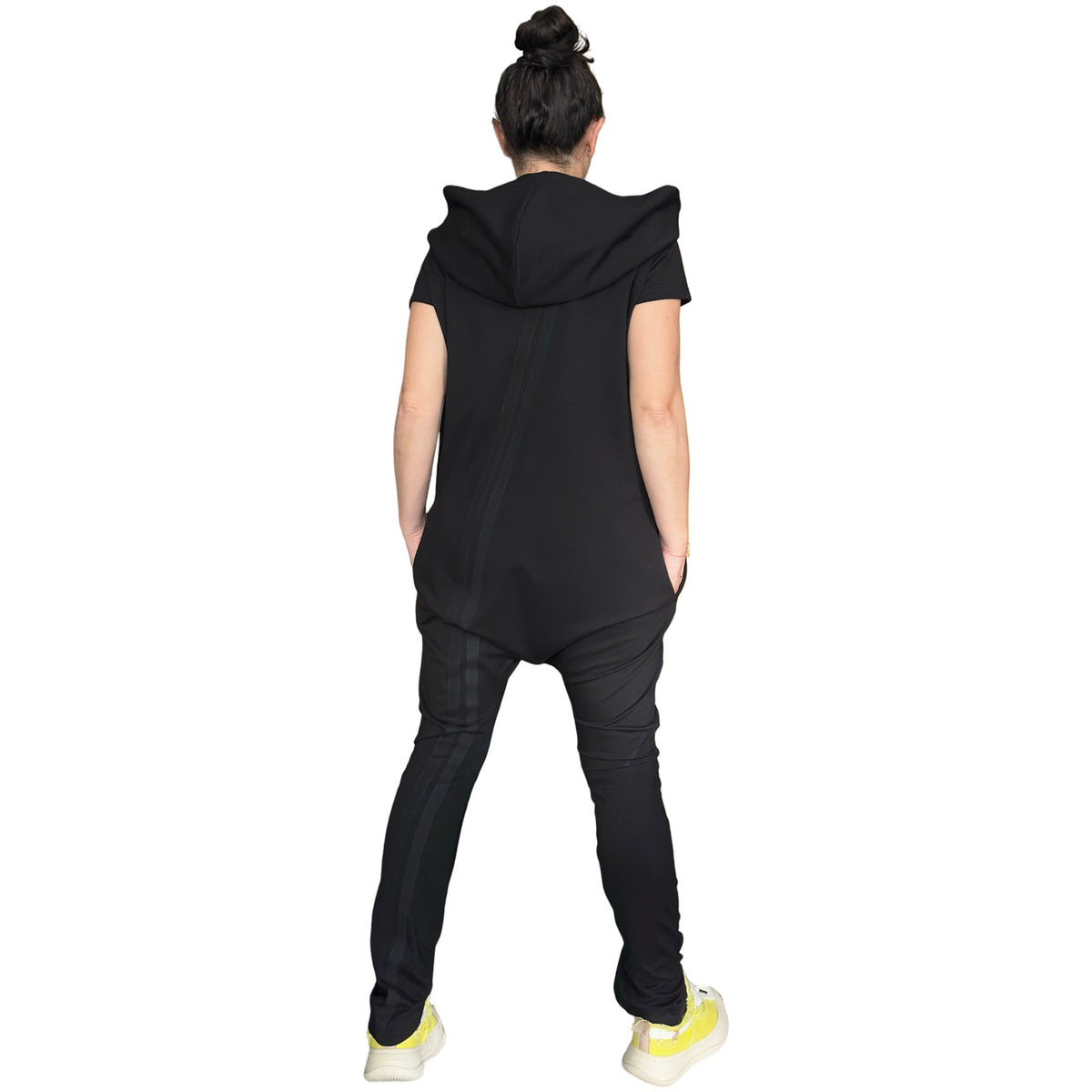 Black Hooded Harem Jumpsuit / Cotton Stretch Zip Front Romper with Pockets