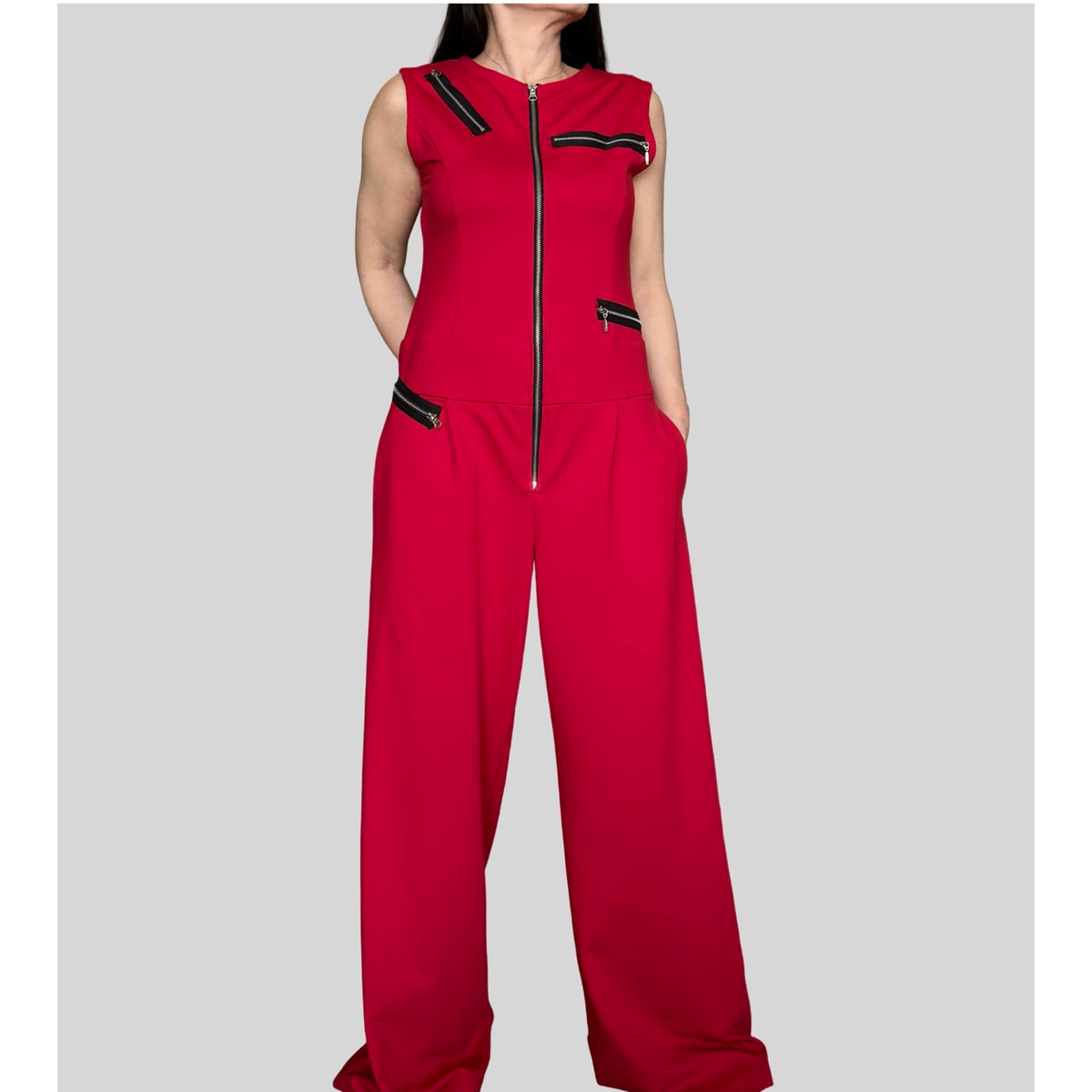 Red Sleeveless Cotton Jumpsuit with Decorative Zippers / Avant-Garde Wide Leg One Piece