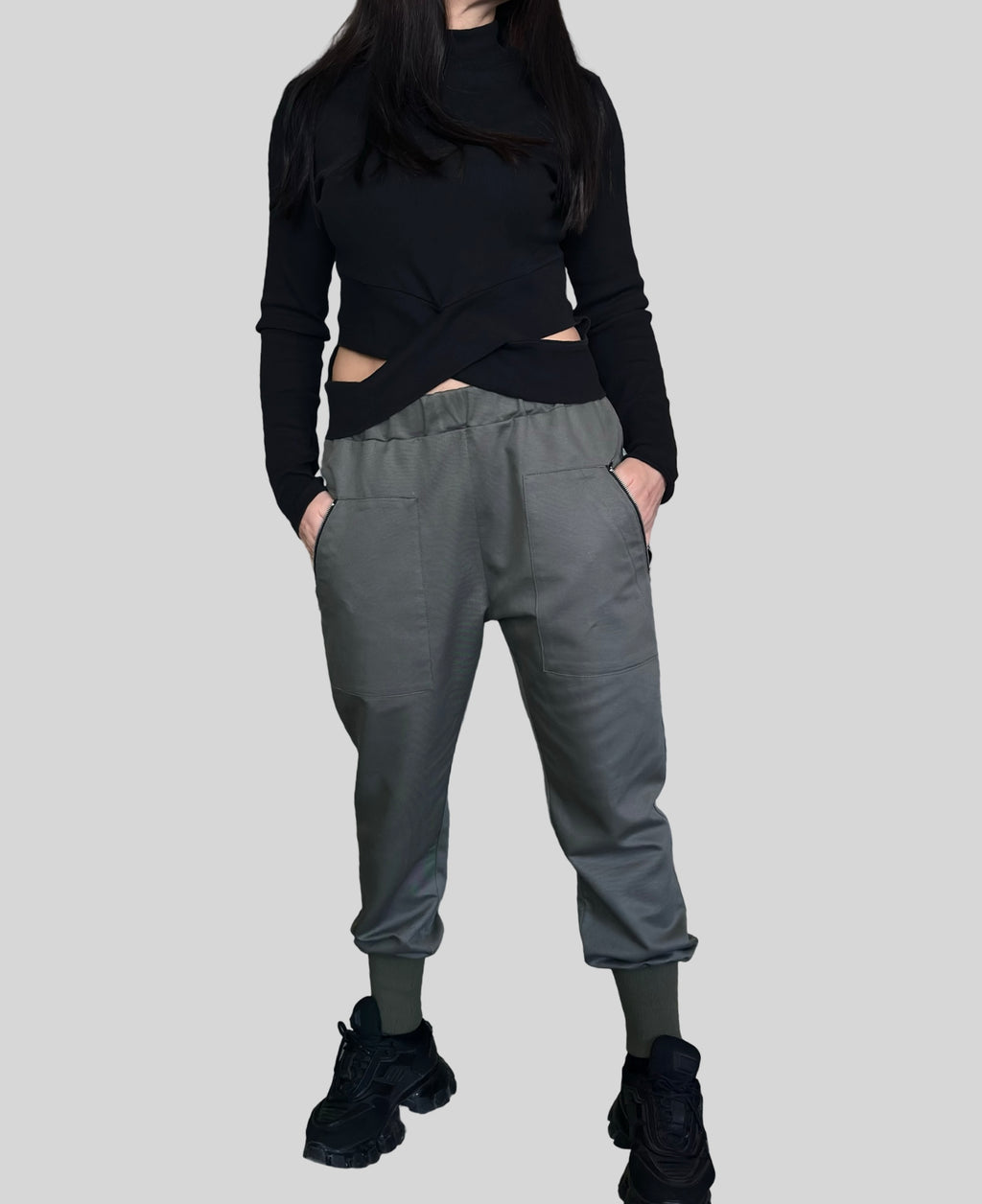 Military Green Jogger Pants with Front Zip Pockets and Back Zipper Detail