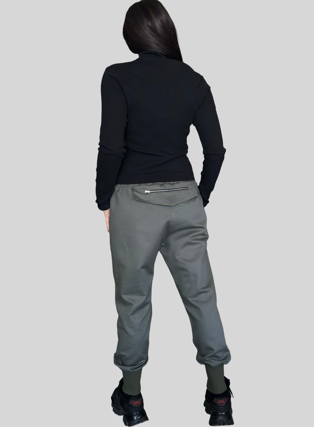 Military Green Jogger Pants with Front Zip Pockets and Back Zipper Detail
