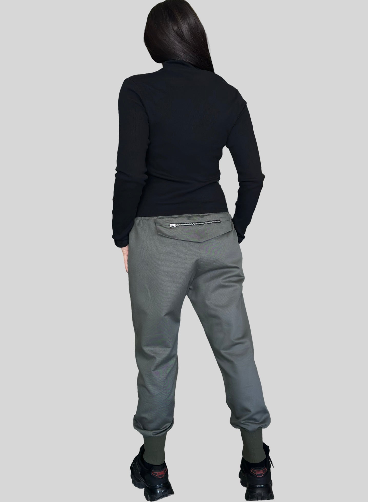 Military Green Jogger Pants with Front Zip Pockets and Back Zipper Detail