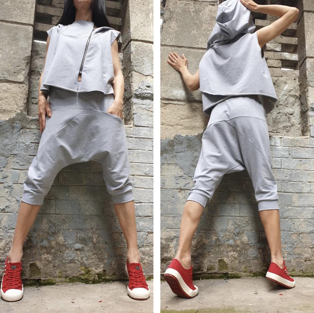 Light Gray Asymmetric Two-Piece Summer Set with Hooded Top and Cropped Pants