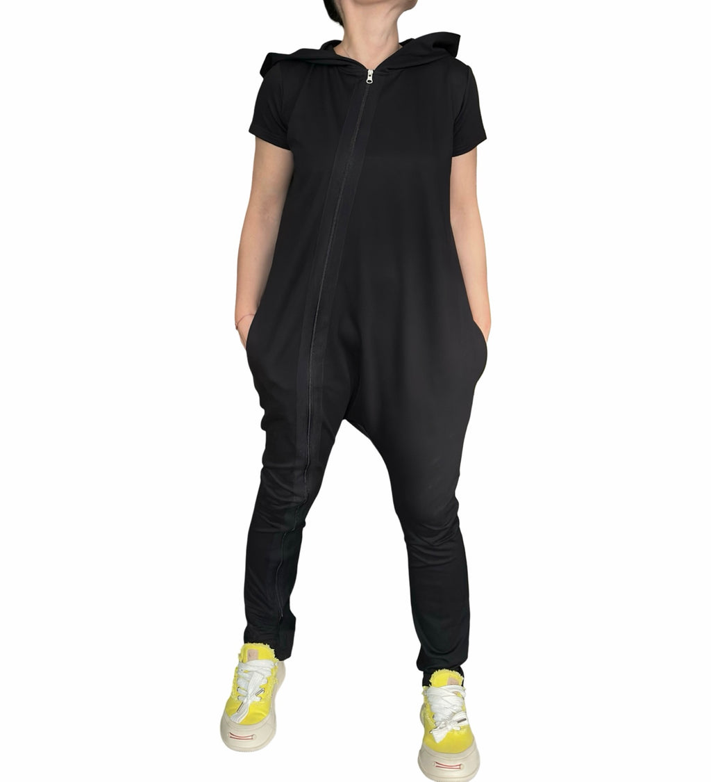 Black Hooded Harem Jumpsuit / Cotton Stretch Zip Front Romper with Pockets