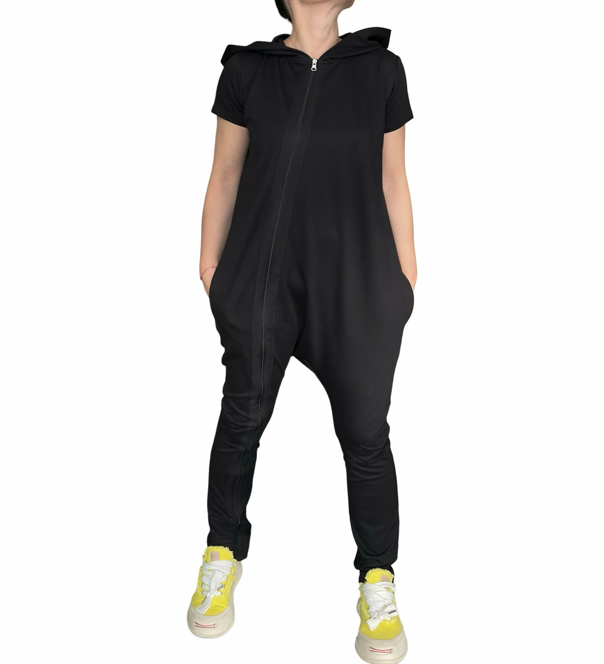 Black Hooded Harem Jumpsuit / Cotton Stretch Zip Front Romper with Pockets