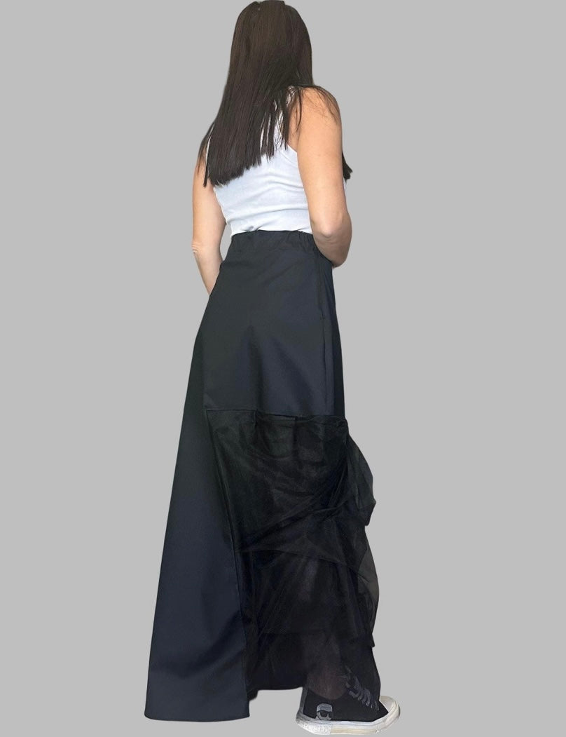 Black High Waist Asymmetric Maxi Skirt with Tulle Detail