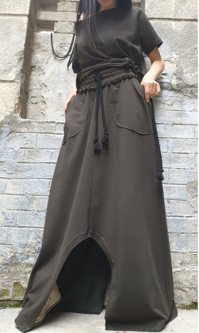 Military Green Asymmetric Two-Piece Set with Short Sleeve Top and High Waist Skirt