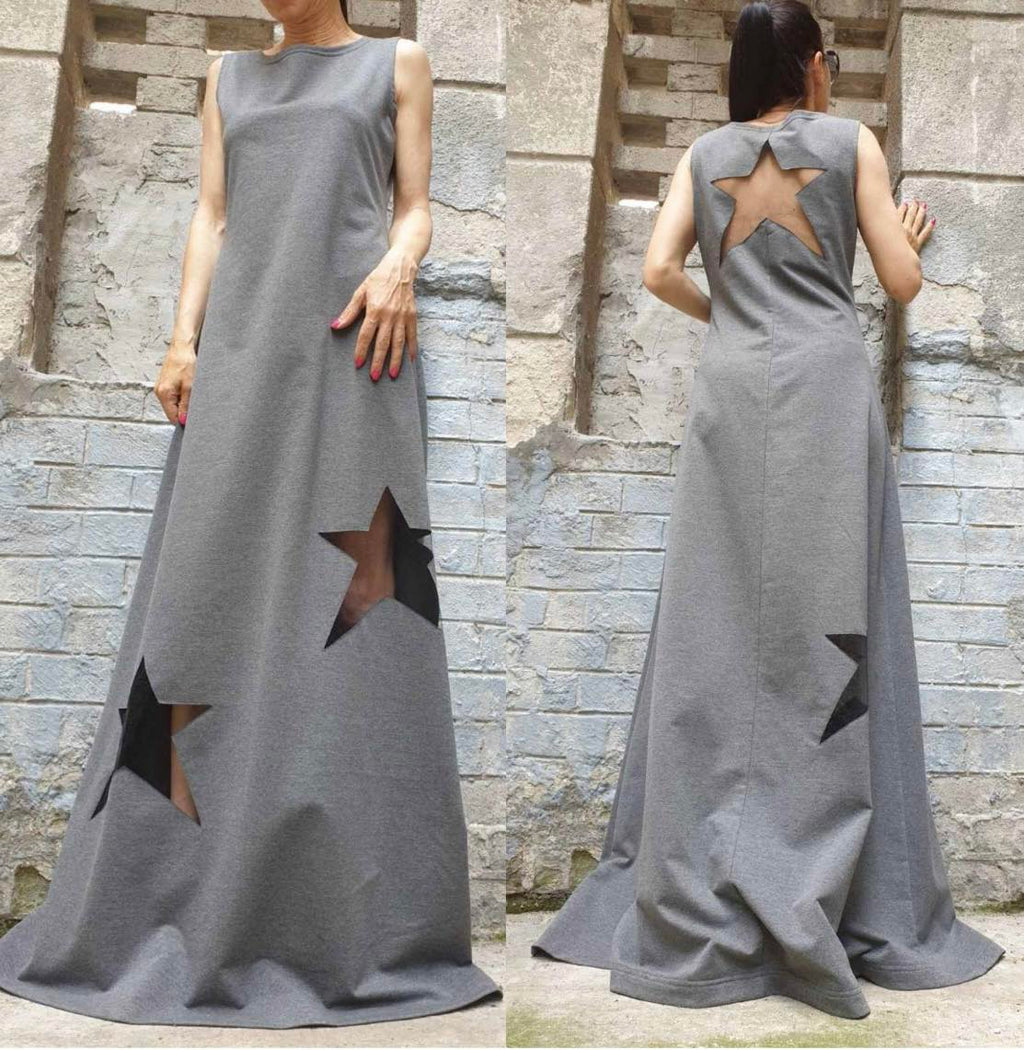 Gray Sleeveless Maxi Dress with Hand-Cut Star Details