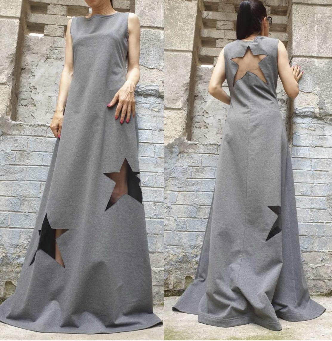 Gray Sleeveless Maxi Dress with Hand-Cut Star Details