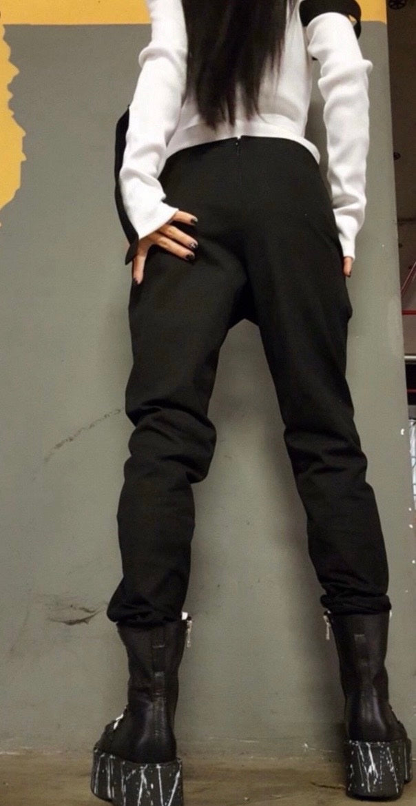 Black Asymmetric Pants with Buttons , Designer Avant-Garde Trousers
