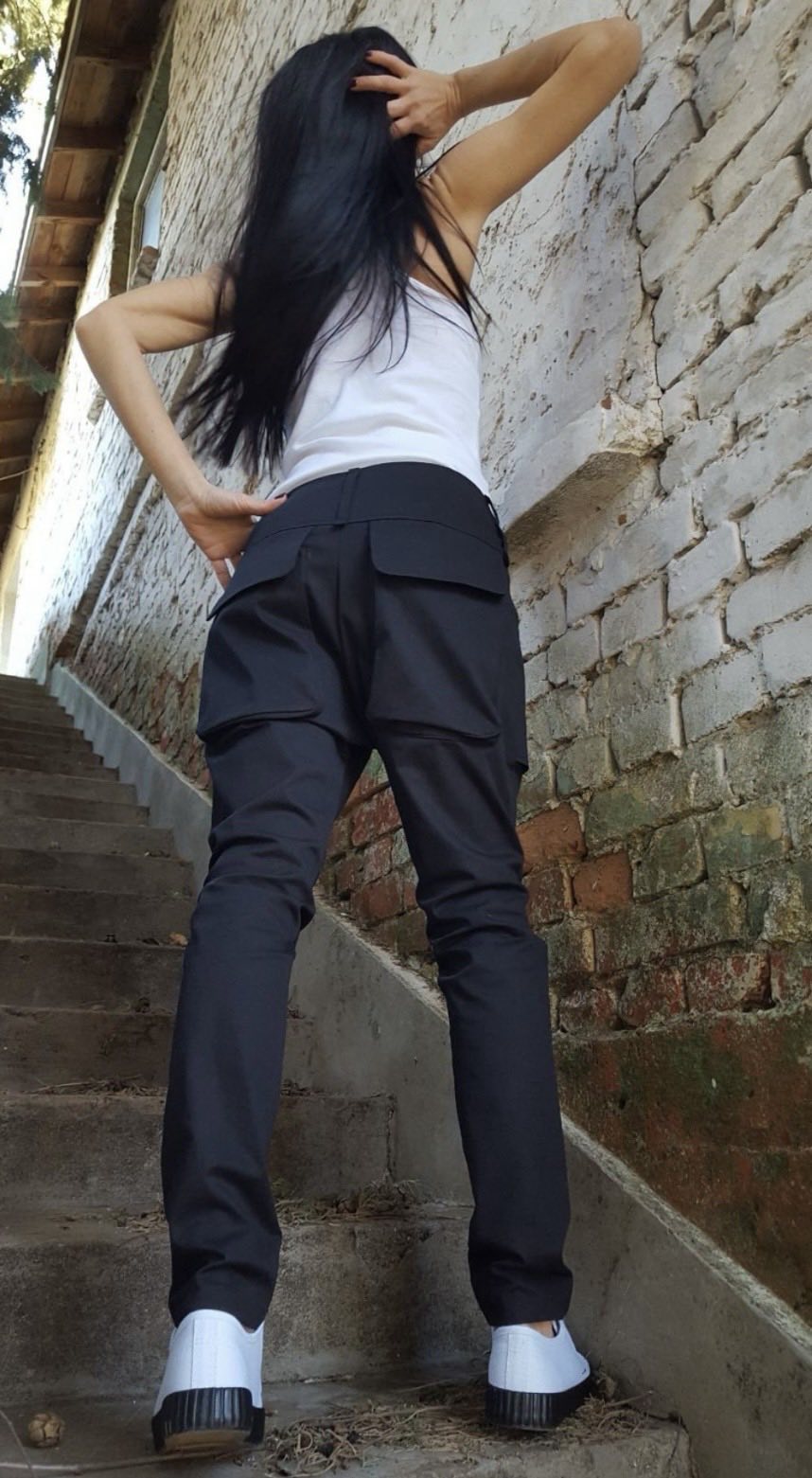 Black Asymmetric Cotton Pants with Front Zipper , Designer Urban Trousers