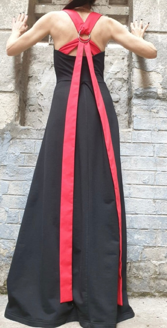Black Sleeveless Summer Dress with Open Back and Red Asymmetric Straps