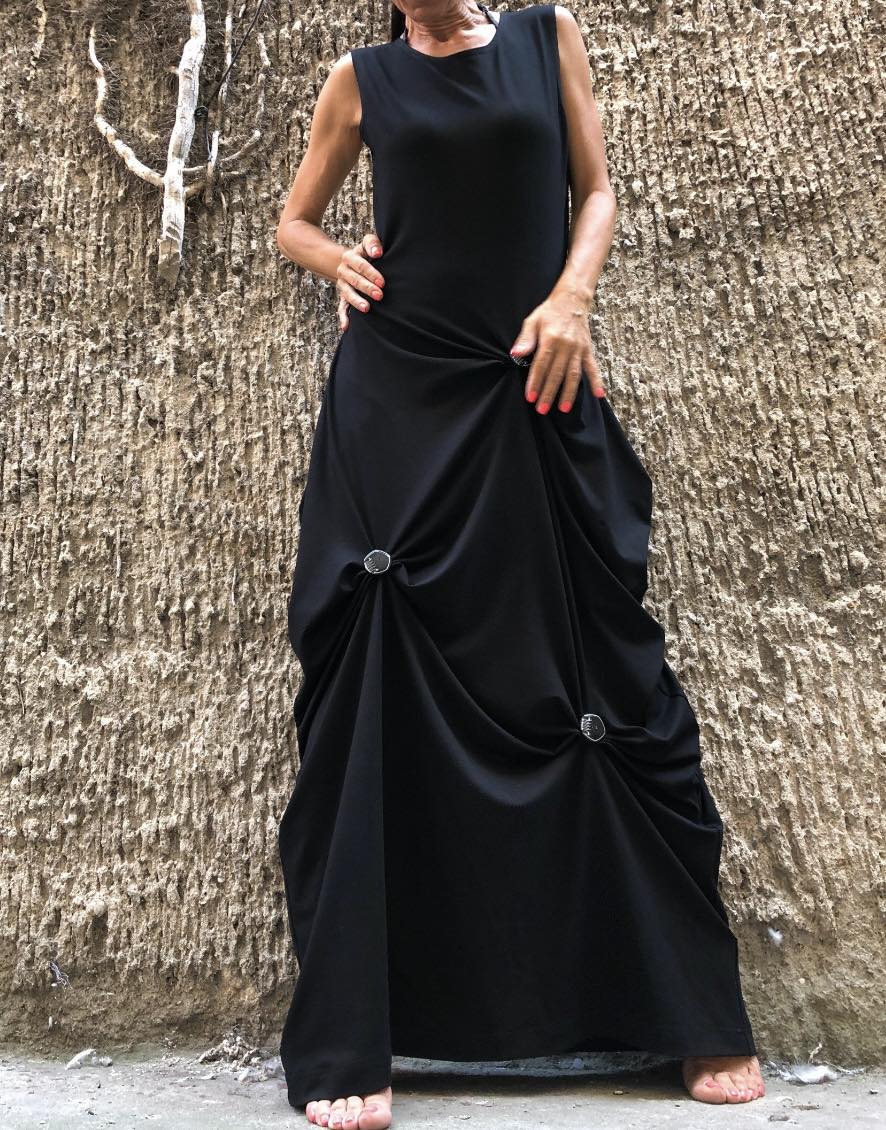 Black Asymmetric Sleeveless Cotton Dress with Button Draping