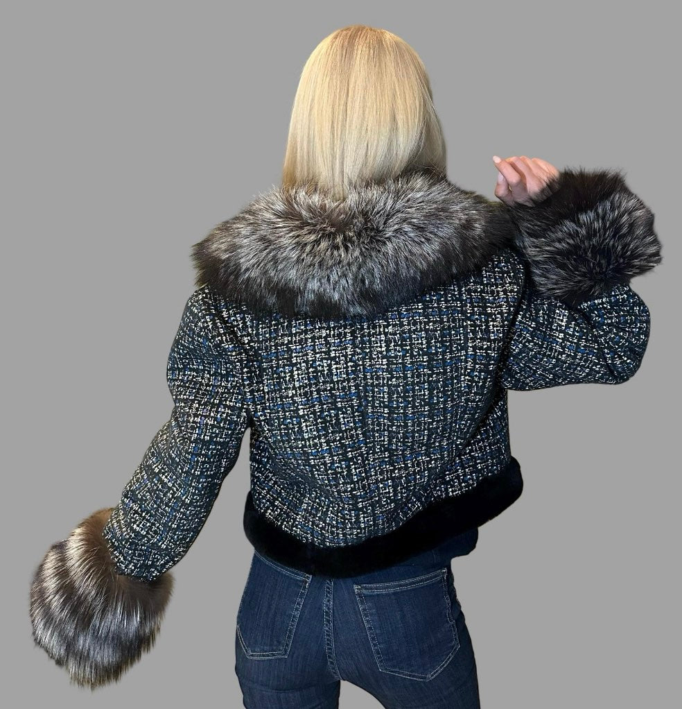 Short Lambskin Coat with Fox Fur Collar and Cuffs