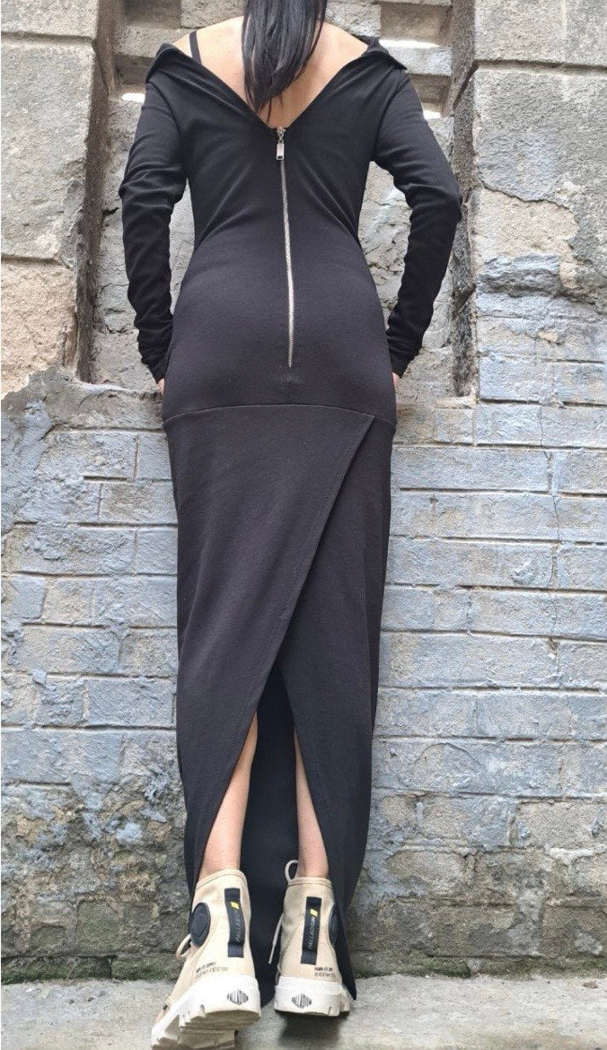 Black Asymmetric Cotton Maxi Dress with Back Zipper and Pockets