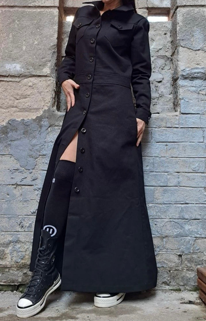Black Denim Shirt Maxi Dress with Front Buttons and Pockets