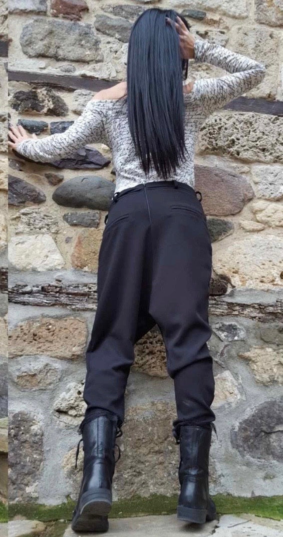 Black Asymmetric Cotton Harem Pants with Tie Detail  / Avant-Garde Trousers