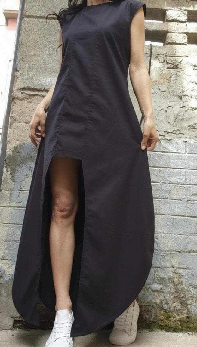 Black Asymmetric Sleeveless Cotton Dress – Short Front, Long Back