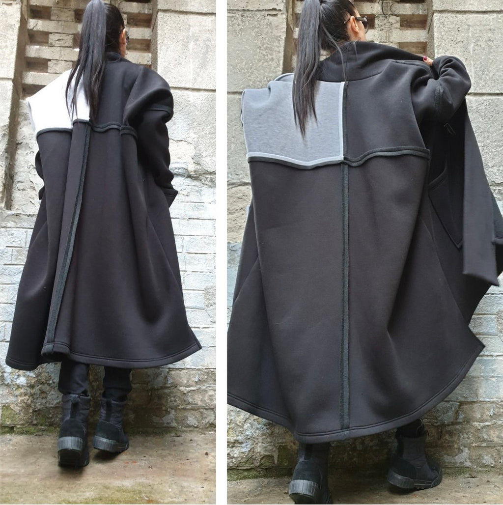 Black and Gray Asymmetric Coat with Oversized Pockets