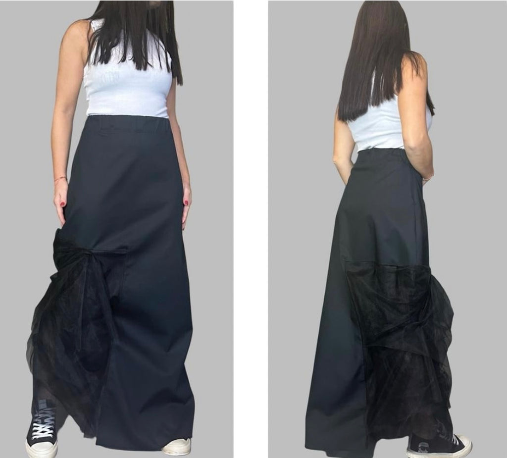 Black High Waist Asymmetric Maxi Skirt with Tulle Detail