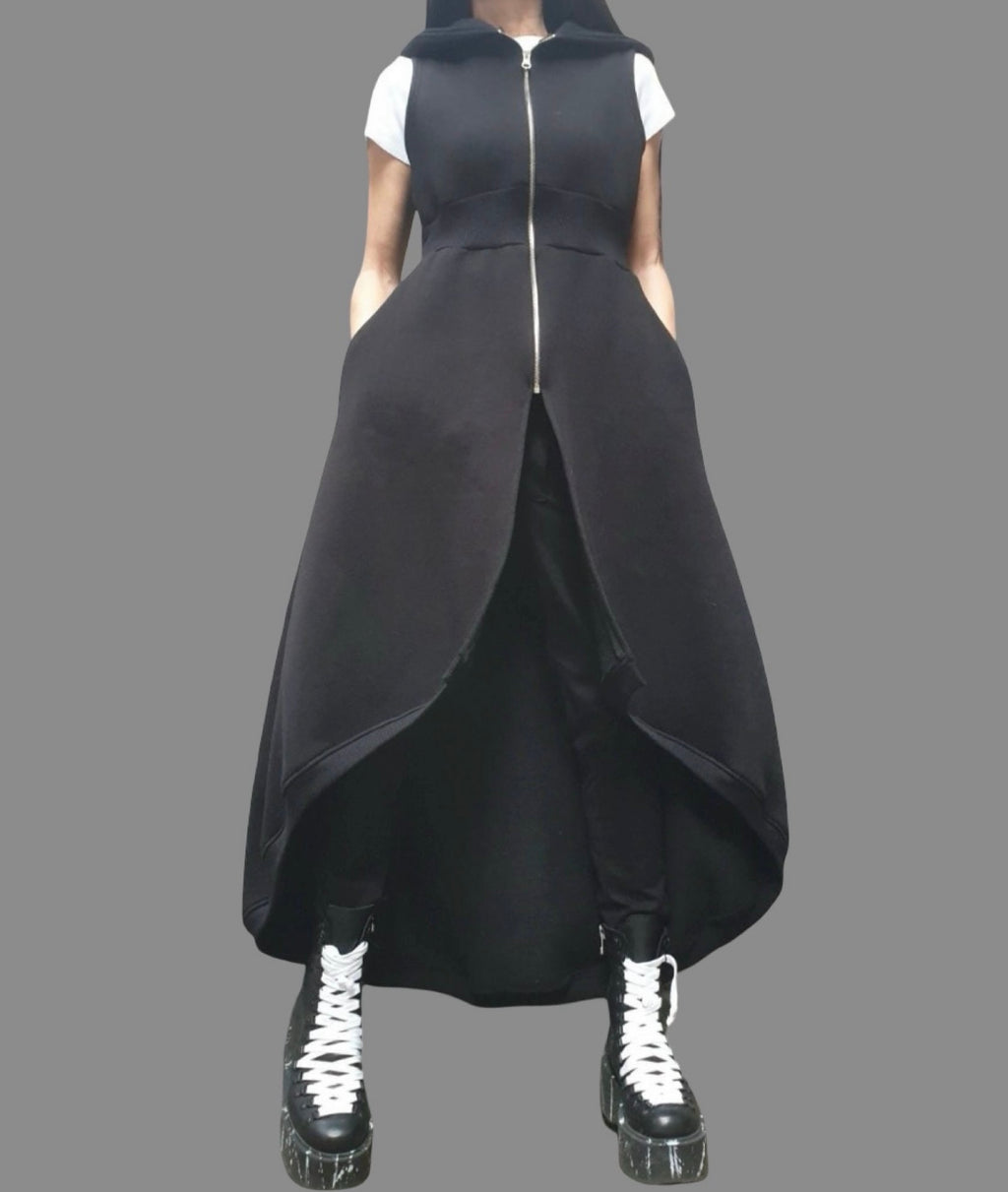 Black Asymmetric Hooded Sleeveless Vest with Zipper Closure