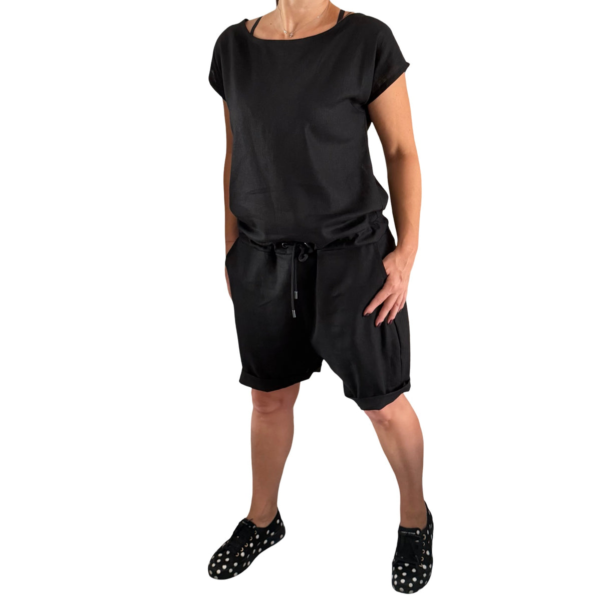Black Linen Asymmetrical Short Jumpsuit with Open Back