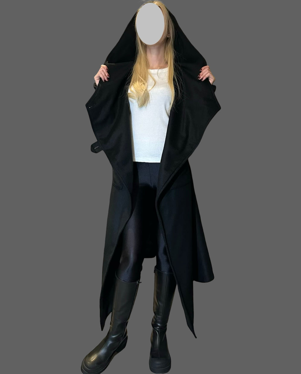 Asymmetric Black Hooded Coat – Avant-Garde Long Fleece Jacket