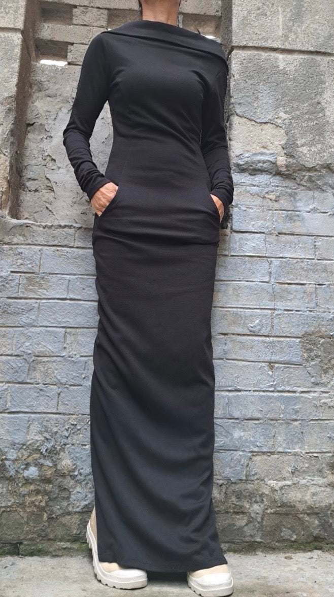 Black Asymmetric Cotton Maxi Dress with Back Zipper and Pockets
