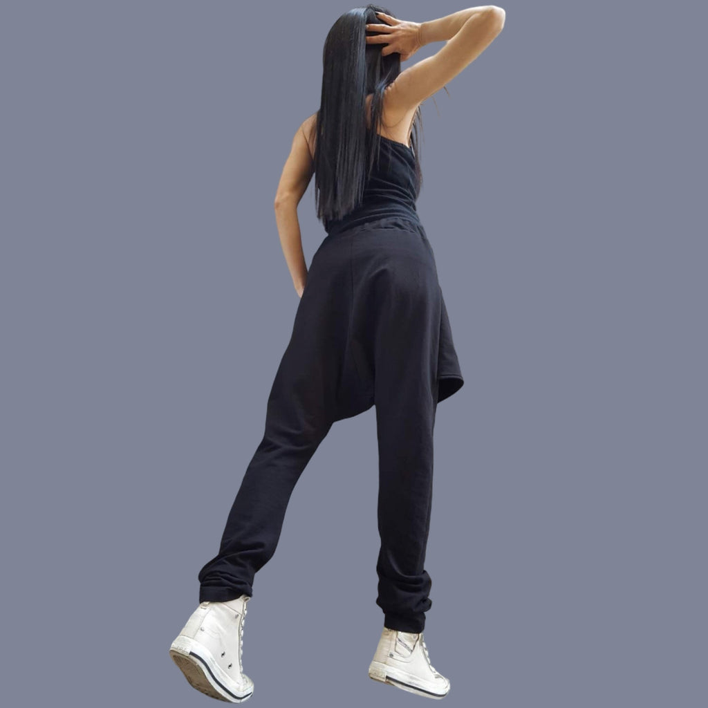 Black Cotton Harem Pants with White Asymmetrical Detail / Drop Crotch Pants