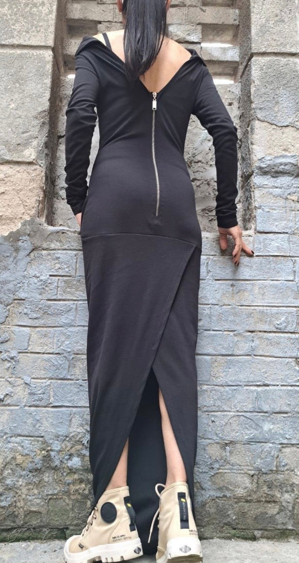 Black Asymmetric Cotton Maxi Dress with Back Zipper and Pockets