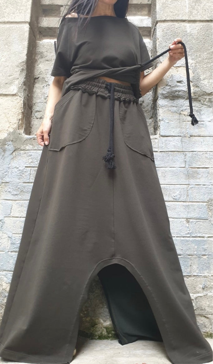 Military Green Asymmetric Two-Piece Set with Short Sleeve Top and High Waist Skirt