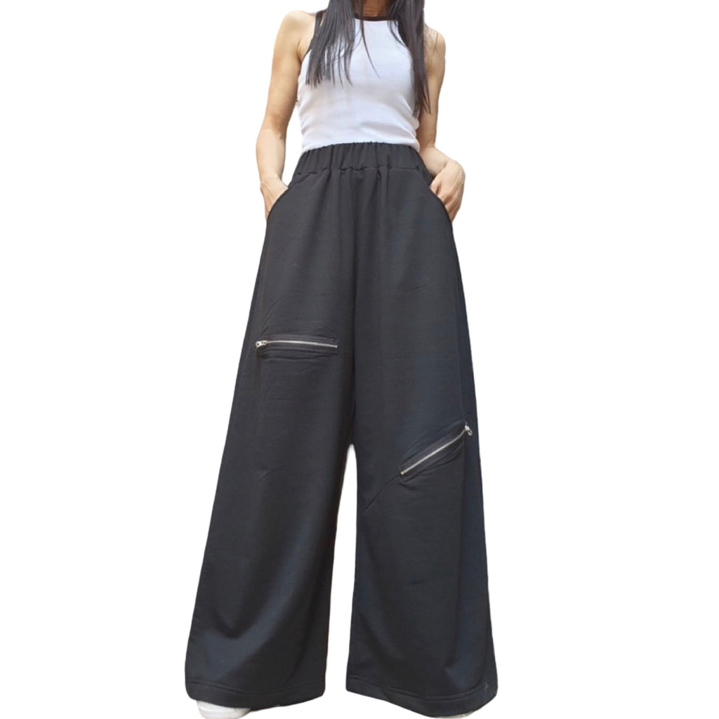 Black Wide Leg Pants / Cotton Stretch Palazzo Pants with Zipper Details
