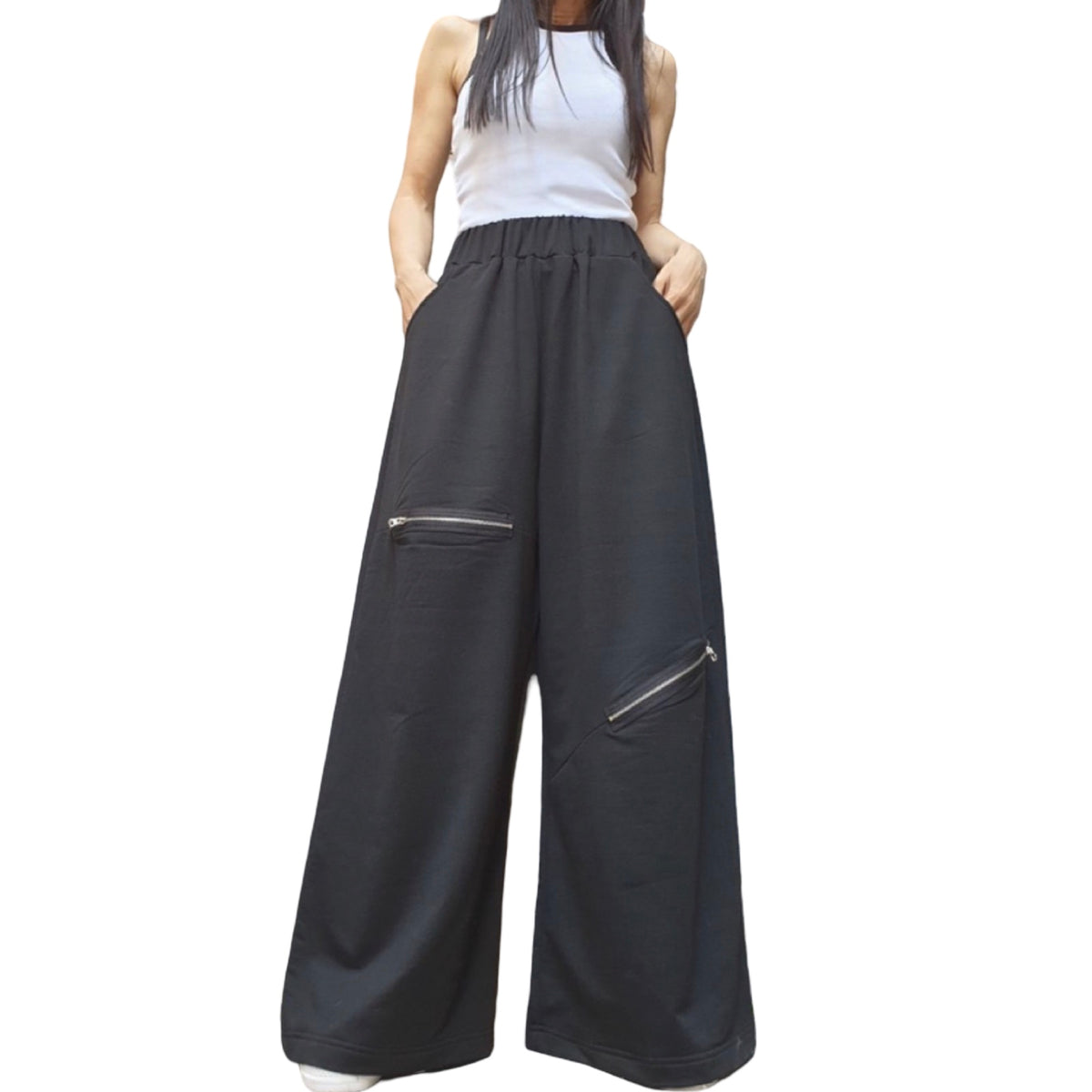 Black Wide Leg Pants / Cotton Stretch Palazzo Pants with Zipper Details