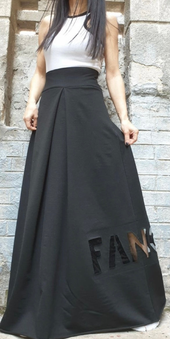 Black High Waist Maxi Skirt with Hand-Cut Fancy Detail