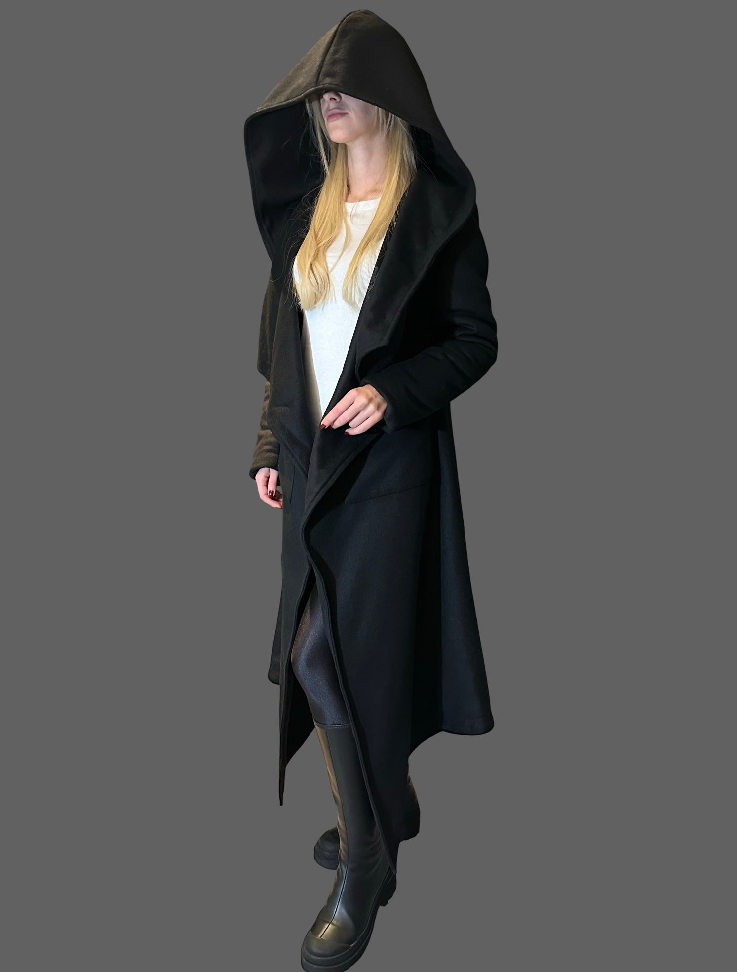 Asymmetric Black Hooded Coat – Avant-Garde Long Fleece Jacket