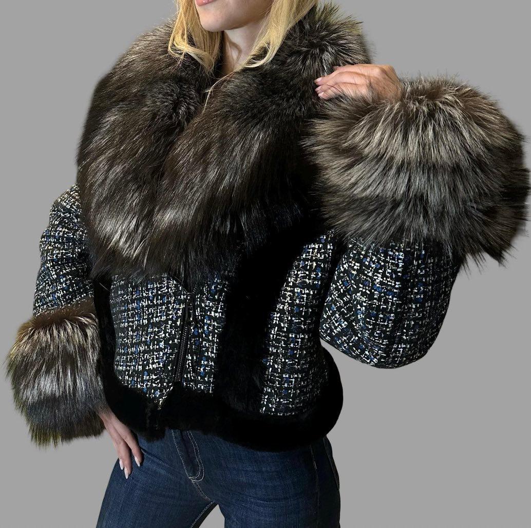 Short Lambskin Coat with Fox Fur Collar and Cuffs